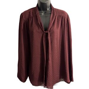 Ann Taylor XL burgundy long sleeve textured semi sheer lined blouse w scarf tie